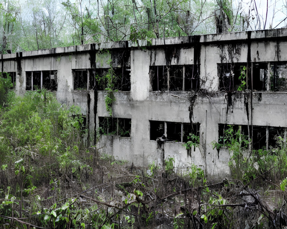 Decaying concrete building engulfed by forest vegetation