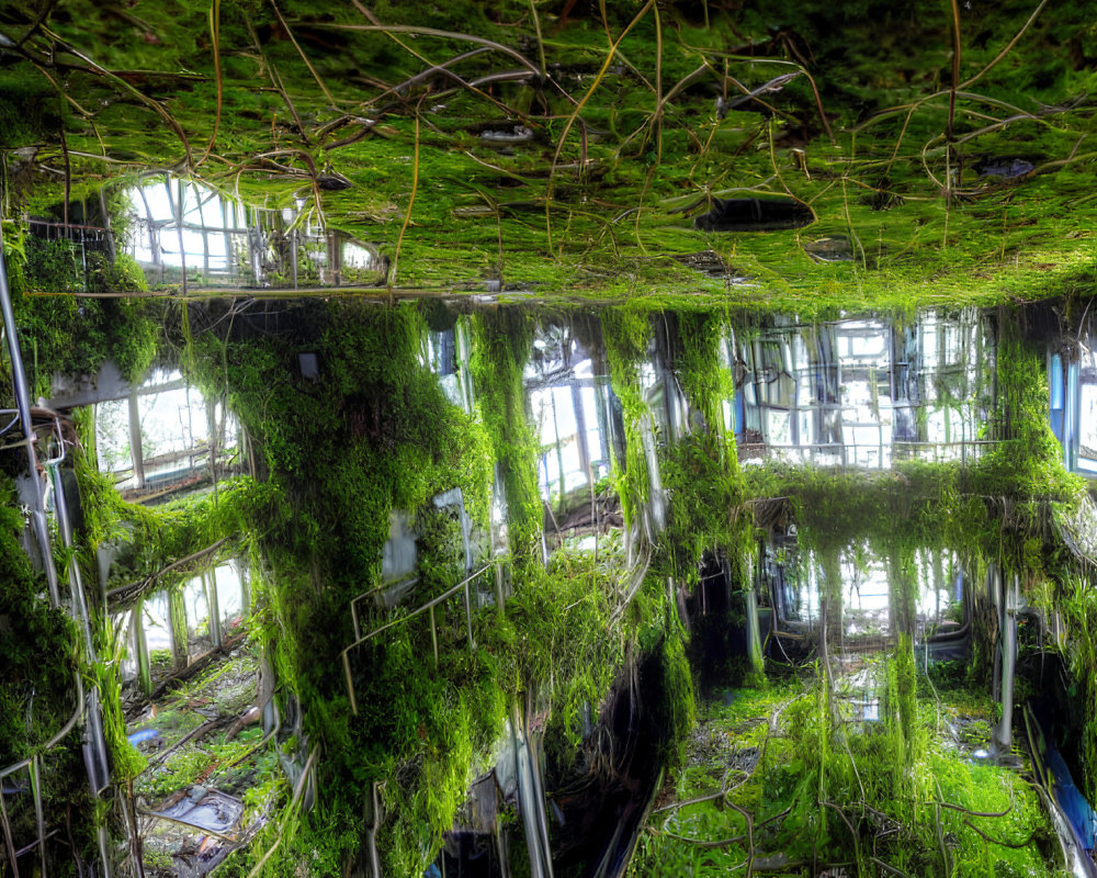 Abandoned building interior with overgrown greenery and sunlight filtering in