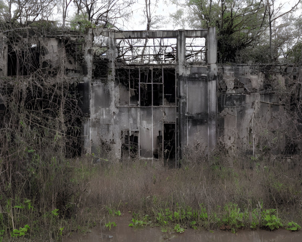 Abandoned two-story building surrounded by vegetation and bare trees under cloudy sky