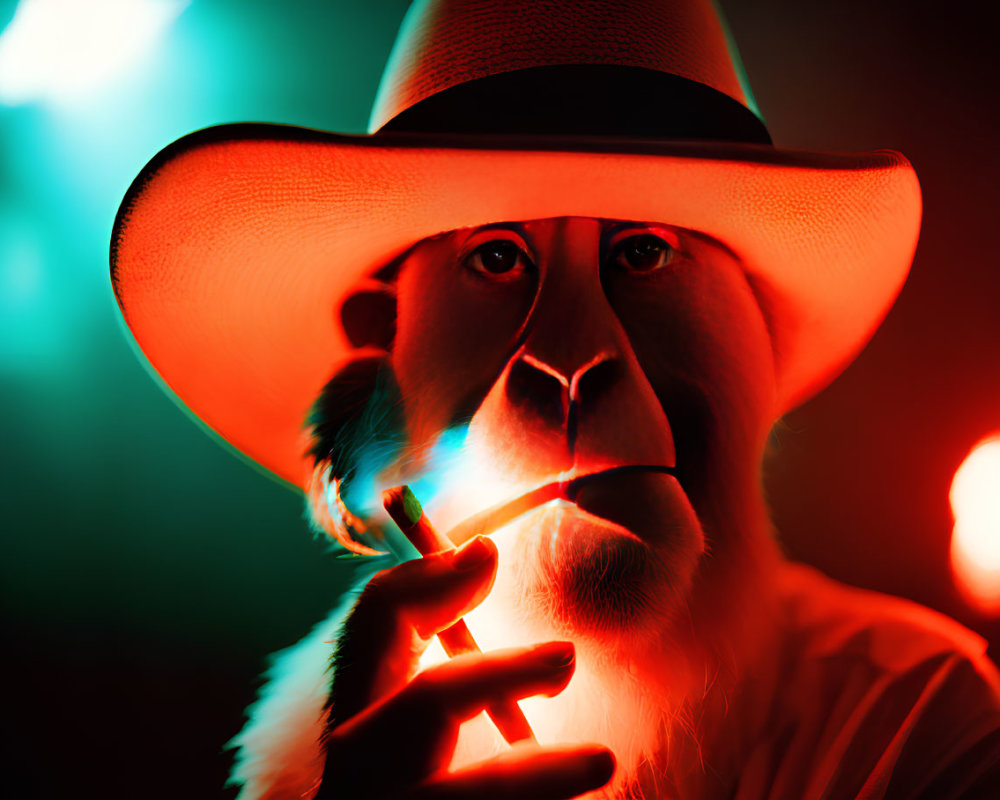 Person in Wide-Brimmed Hat with Dramatic Lighting and Cigarette