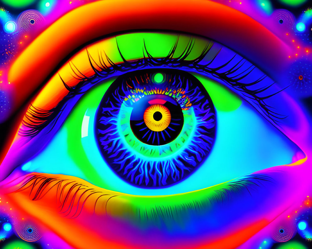 Colorful digital artwork of hyper-stylized eye with neon colors and psychedelic patterns