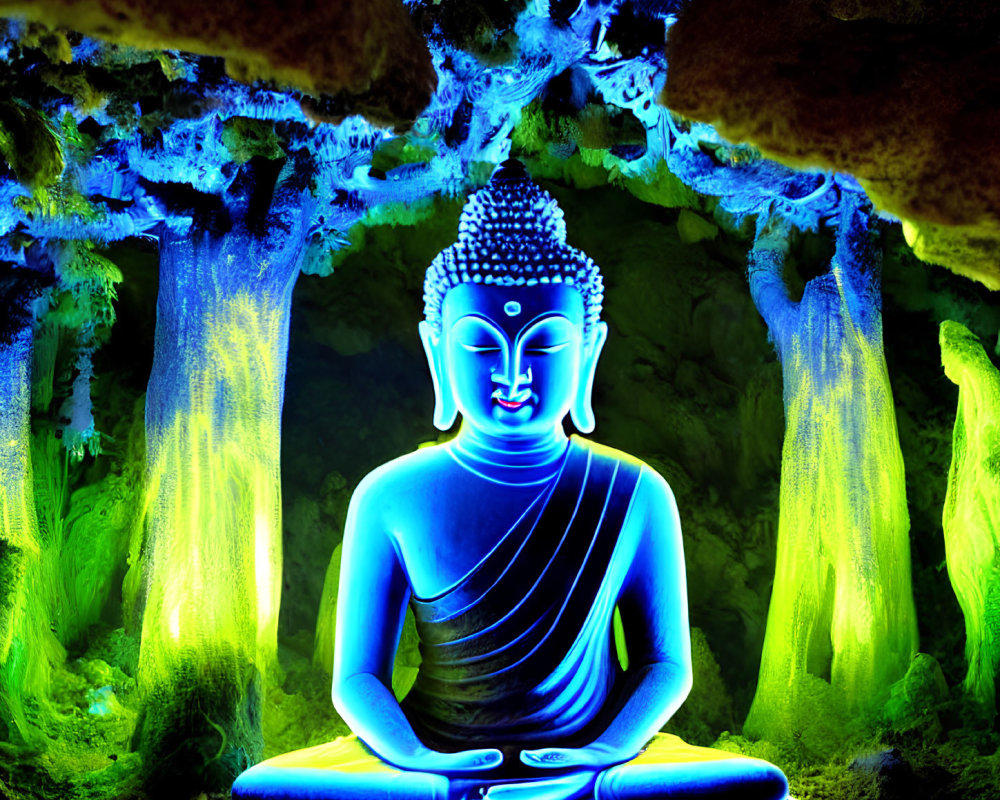 Blue and White Buddha Statue Surrounded by Neon Green Lights in Cave