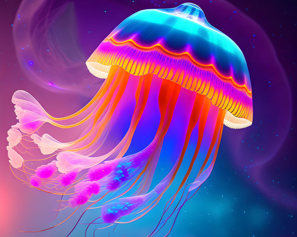 Colorful jellyfish digital art in neon blue and pink on purple space background