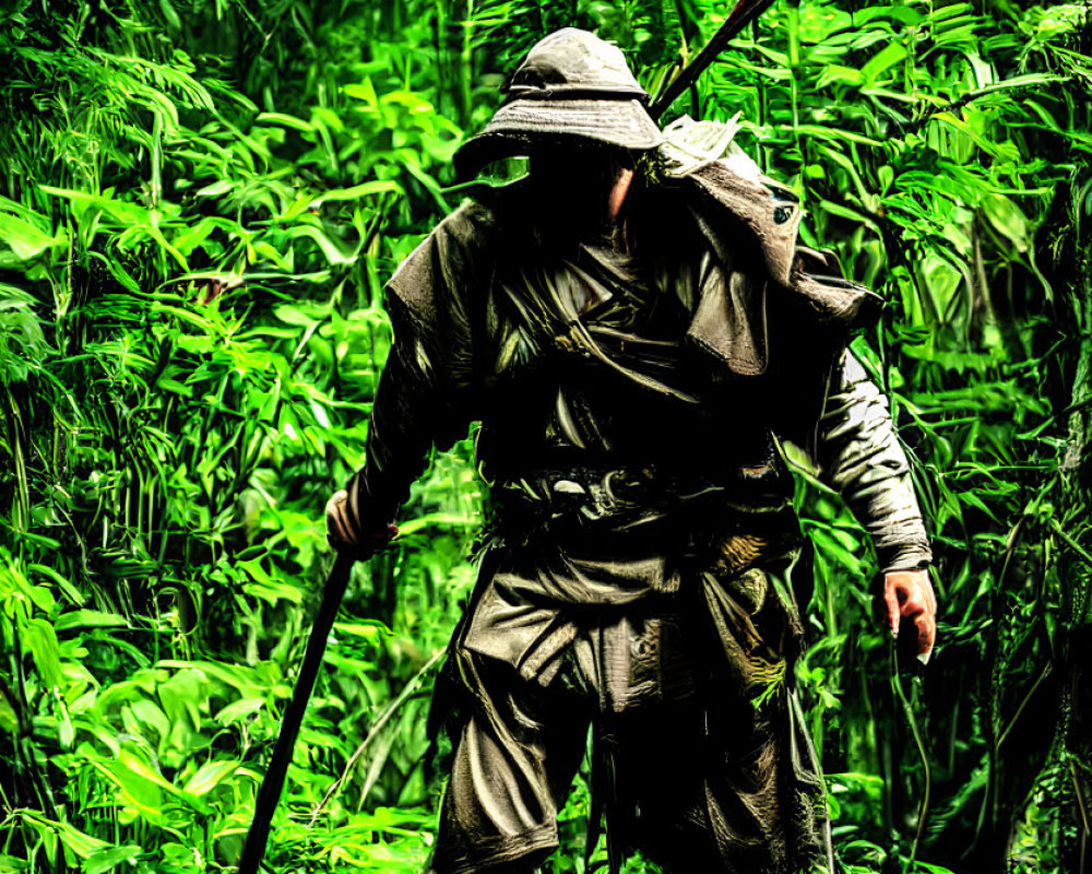 Explorer in Hat and Gear Trekking Through Dense Jungle with Walking Stick