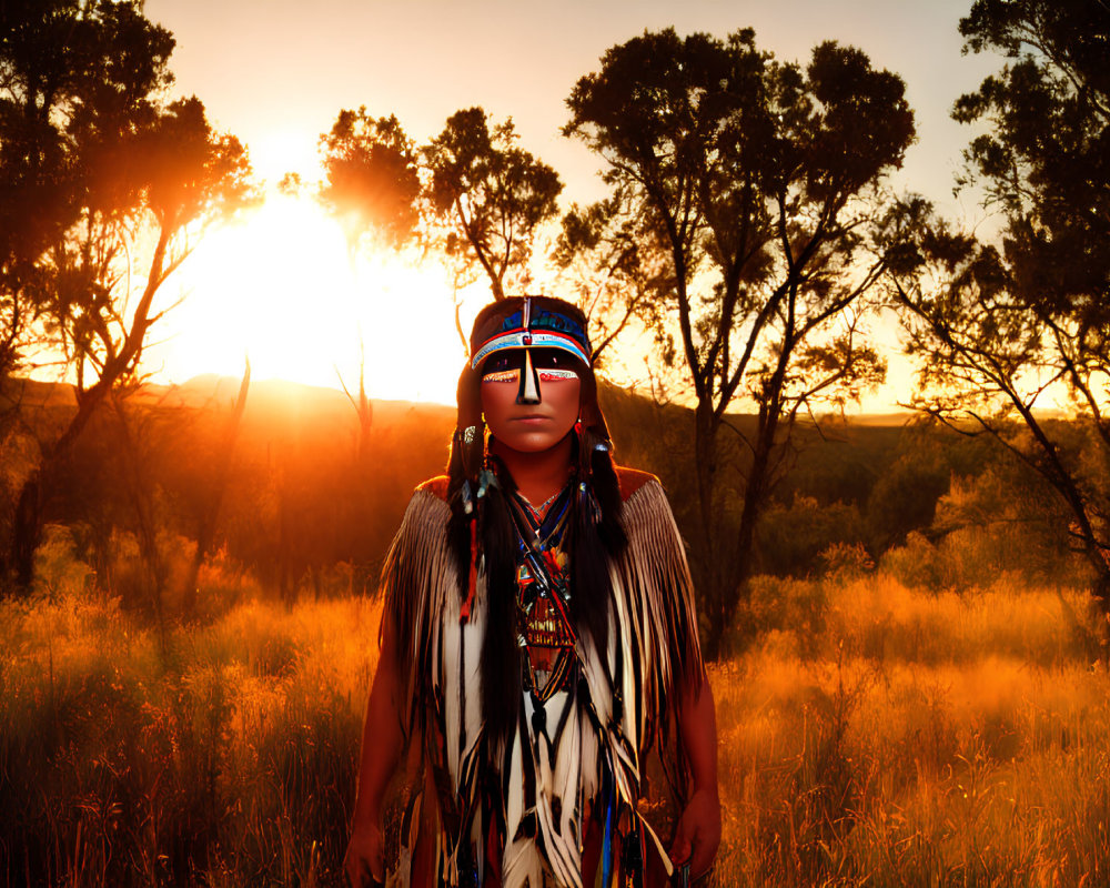 Native American attire figure in grassy field at sunset