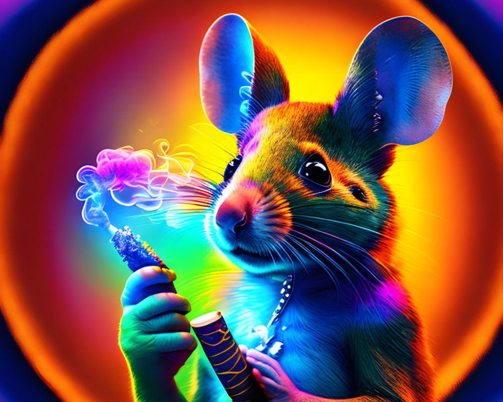 Colorful Digital Illustration: Mouse with Sparkler on Neon Background