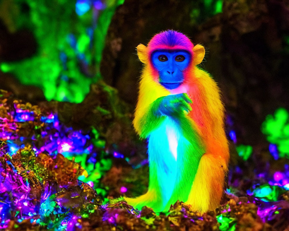 Vibrant neon-lit monkey in colorful foliage