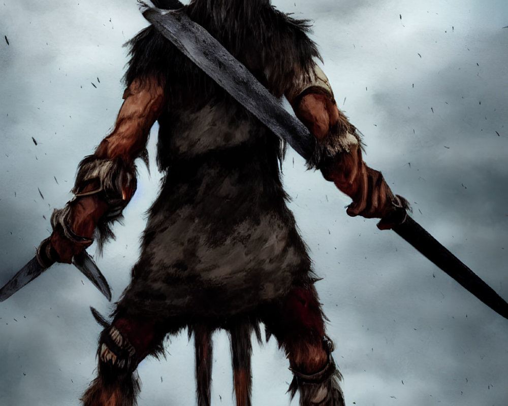 Fierce warrior in furs with sword and spear under stormy sky