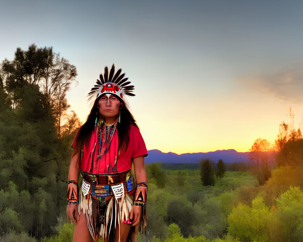 Native American person in traditional attire against sunset landscape.