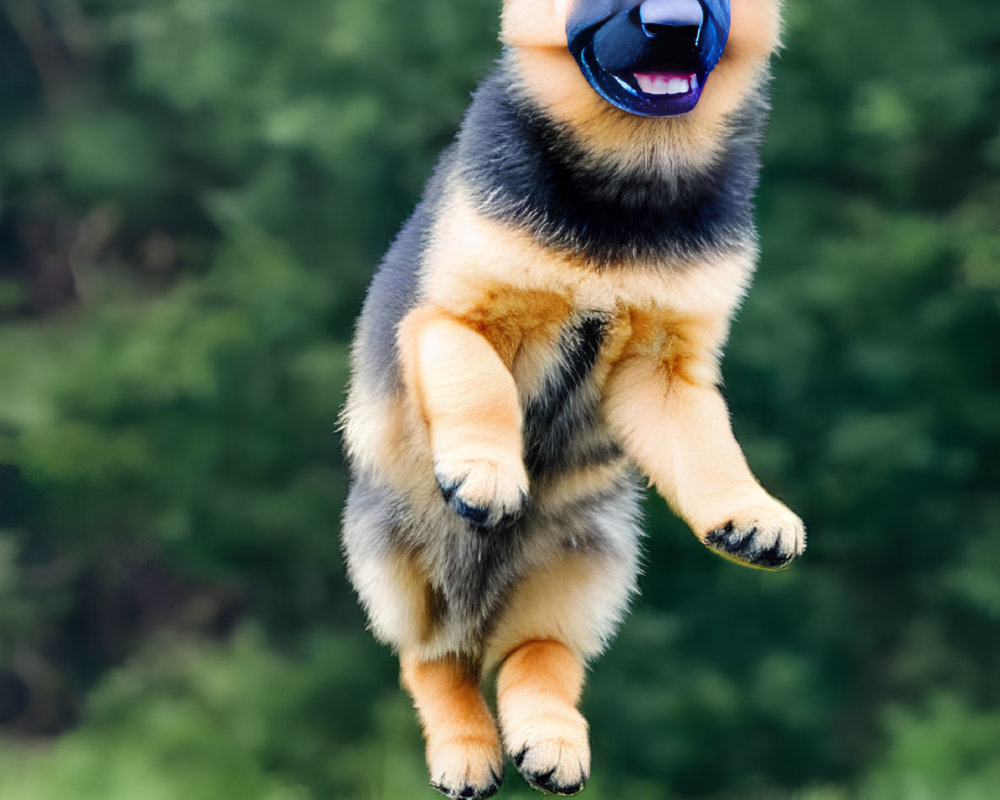 German Shepherd Puppy Mid-Jump with Cartoon Happy Face