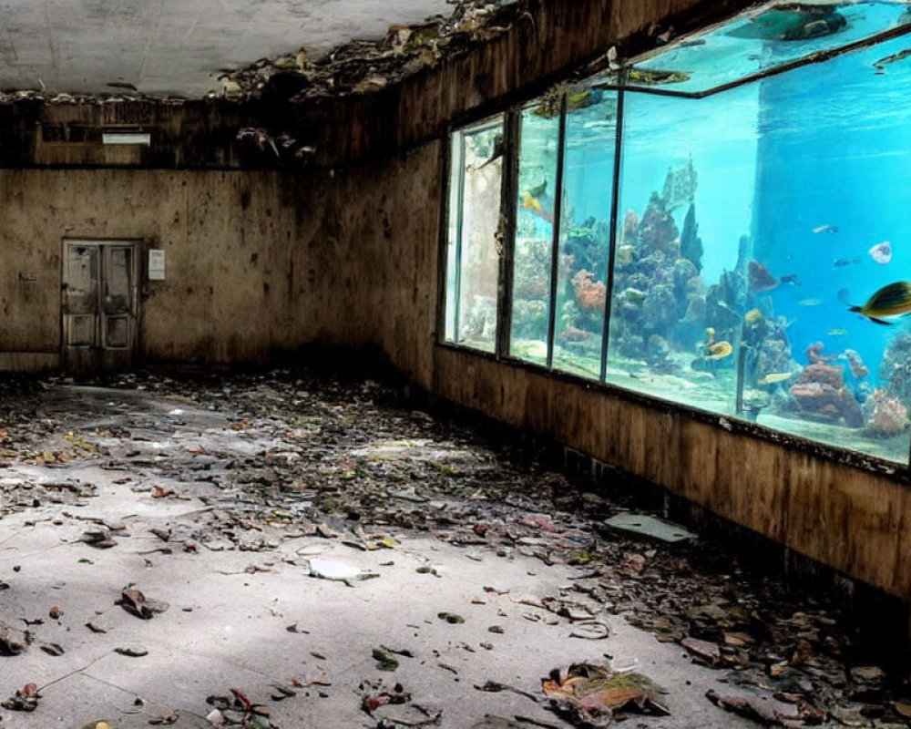 Abandoned room with debris and large aquarium filled with fish