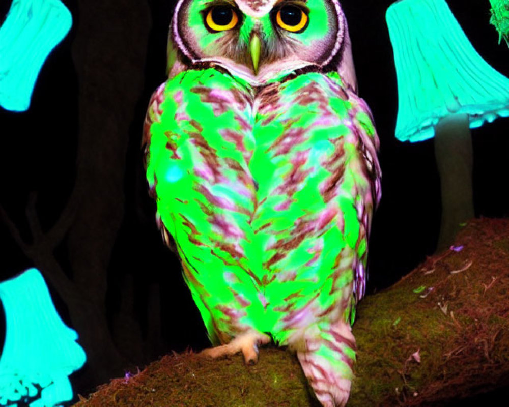 Vividly illuminated owl on branch with neon-green feather patterns under luminescent blue mushrooms