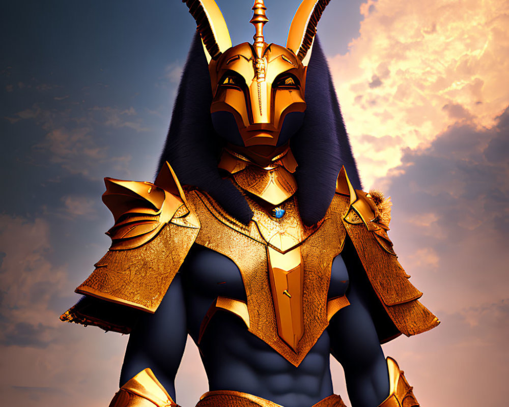 Golden-armored Anubis character in fiery sky setting