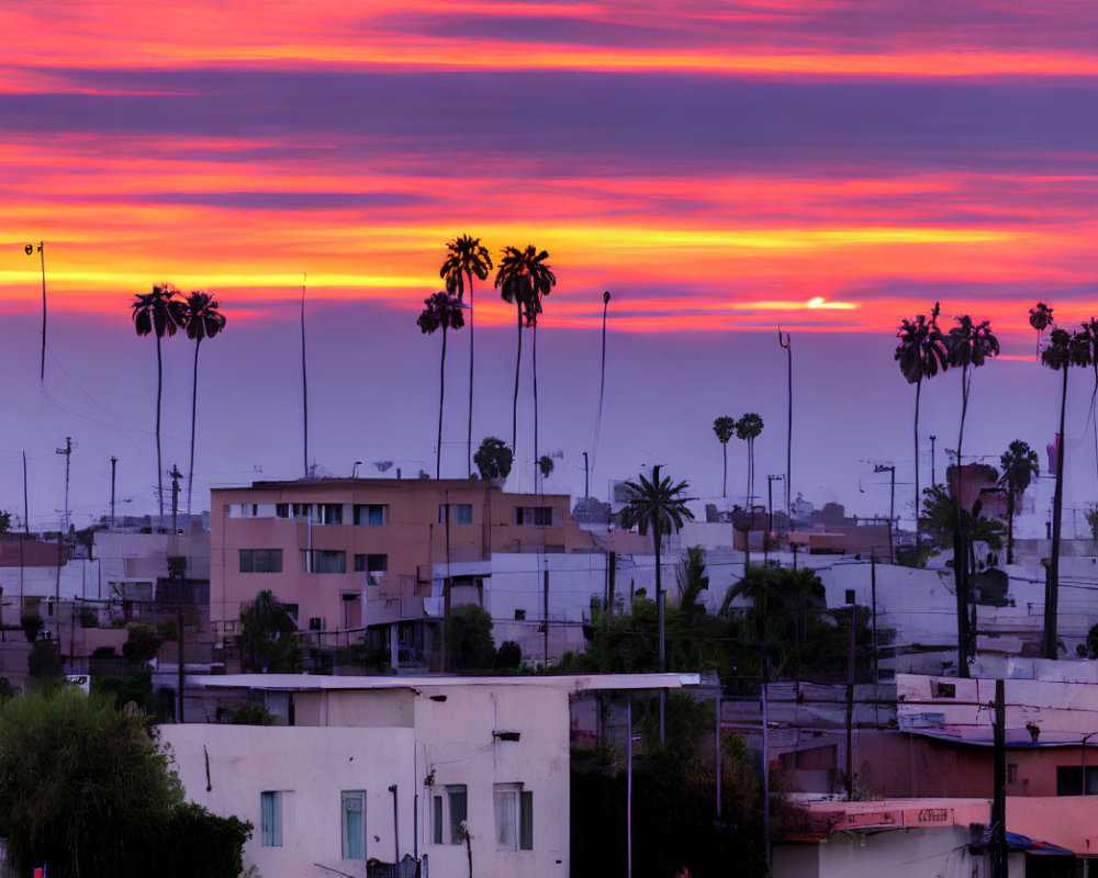 Cityscape sunset with palm tree silhouettes in vibrant sky