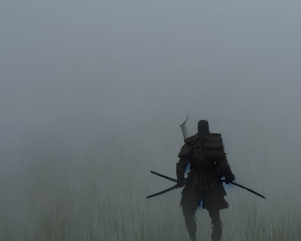 Misty landscape with lone warrior in shallow water