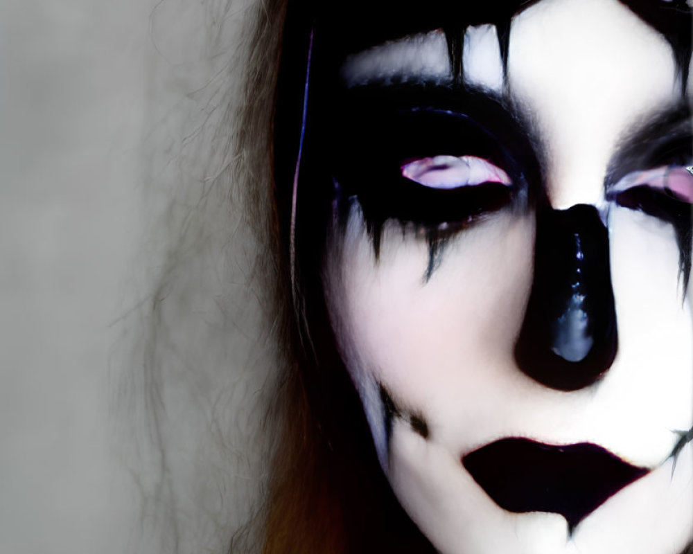 Dramatic black and white face makeup with dark eye shadow and headpiece on blurred background