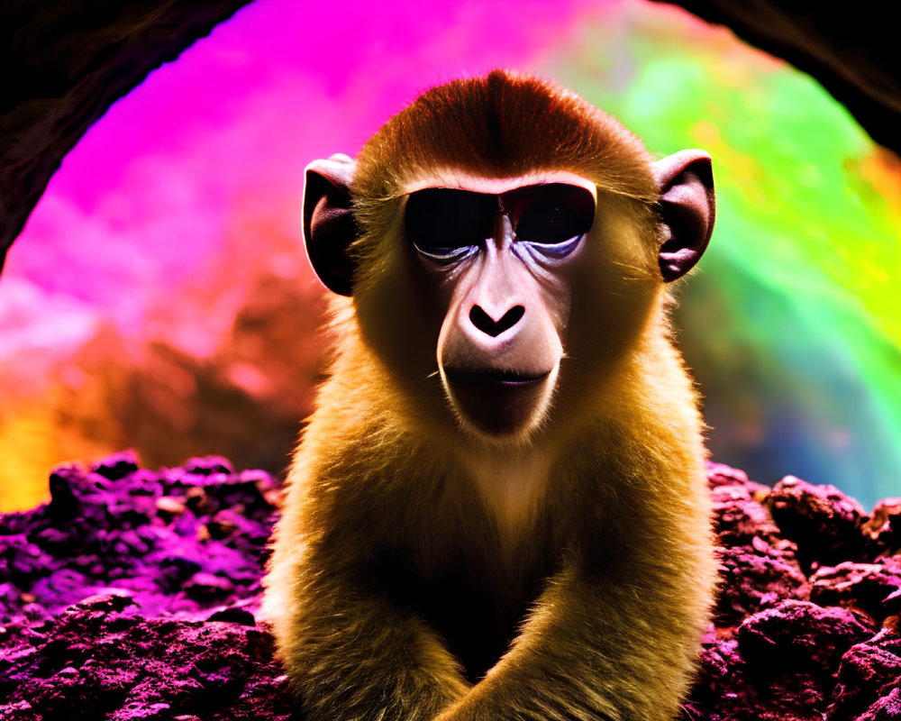 Colorful Baboon Portrait Against Vibrant Background