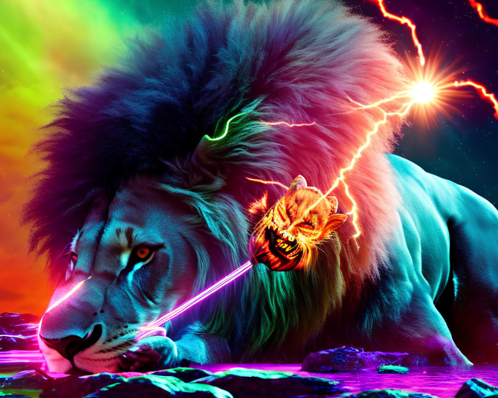 Colorful Digital Artwork: Lion with Glowing Mane in Neon Sky with Lightning and Laser Eyes