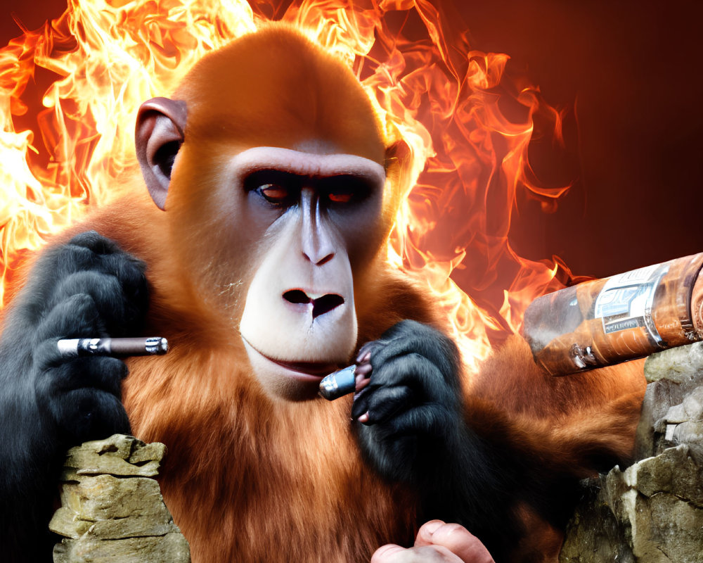 Animated orangutan with cigar and blowtorch in fiery scene