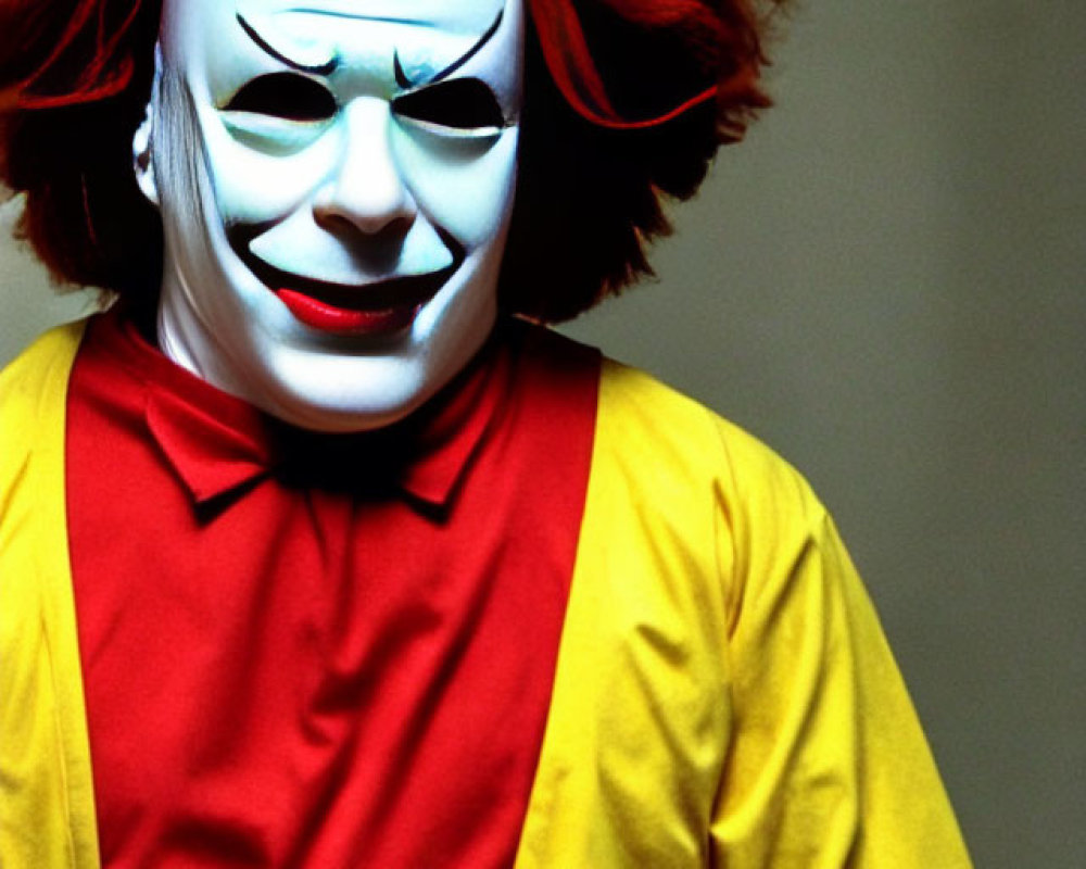 Clown in white face makeup, red hair, yellow shirt, and red top indoors