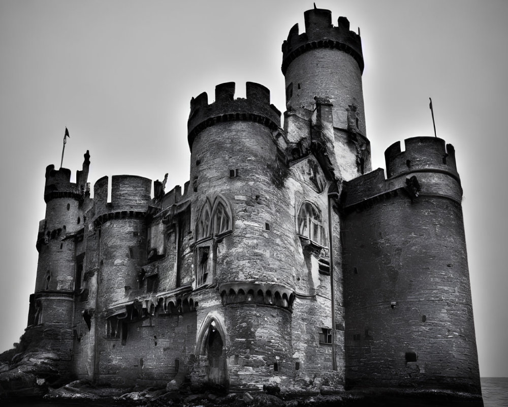 Medieval castle with towers, battlements, and flag in monochrome.