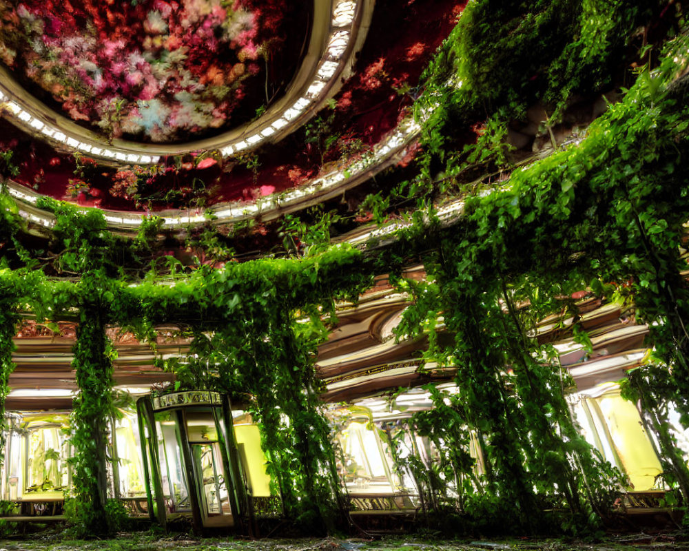 Luxurious Victorian-style room with lush green vines and intricate ceiling, blending nature and opulence.