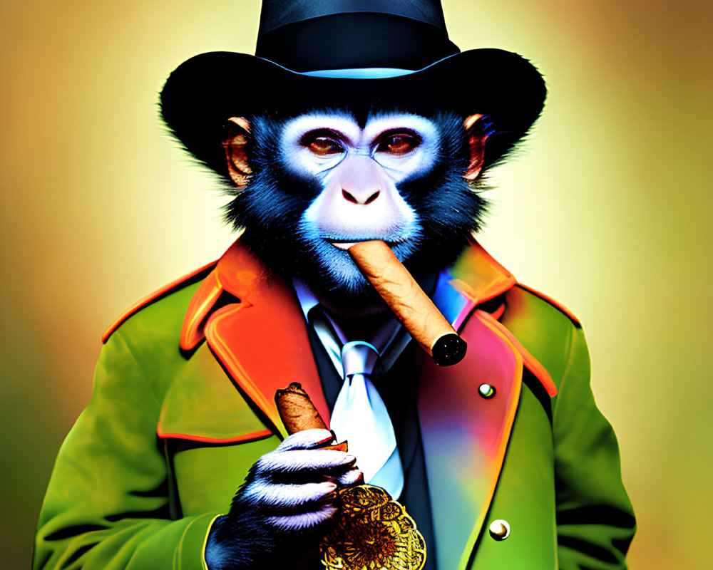 Colorful Suit Baboon with Cigar and Top Hat in Human-like Pose