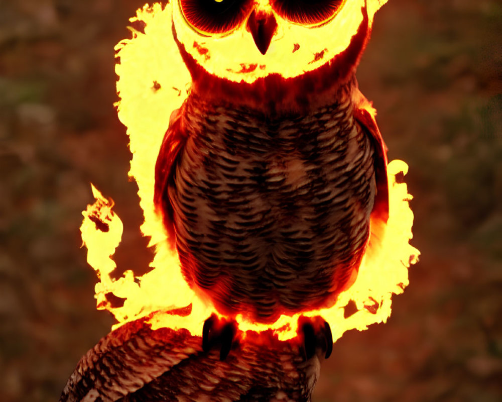 Glowing orange outline of owl in mystical flames against dark background