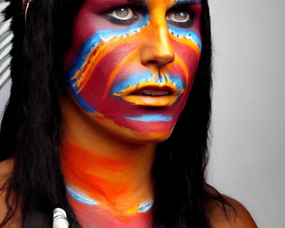 Vibrant face paint in blue, orange, and yellow with Native American headdress.