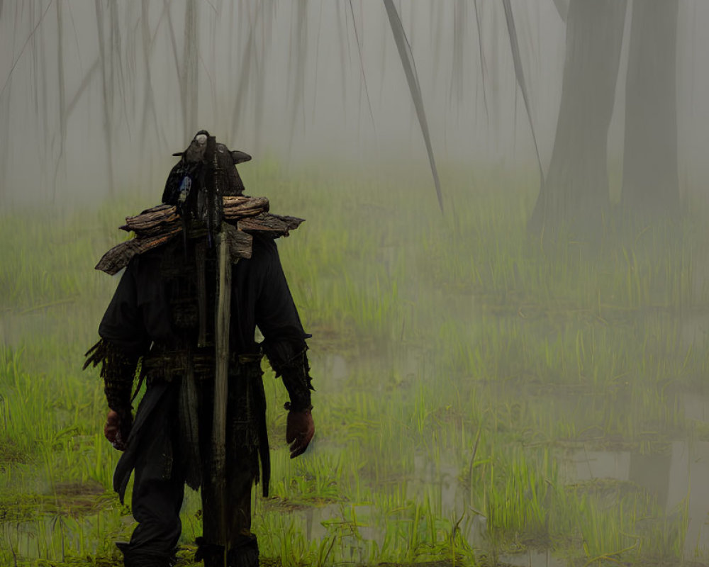 Dark medieval armor figure in shallow marsh under foggy forest