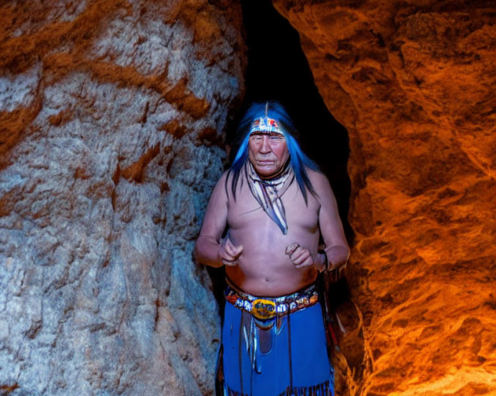 Indigenous person in traditional attire in illuminated cave