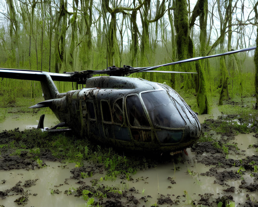 Abandoned dilapidated helicopter in eerie swampy forest