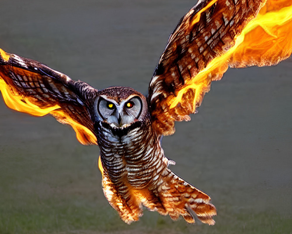 Flaming owl in flight with intense eyes on blurred backdrop