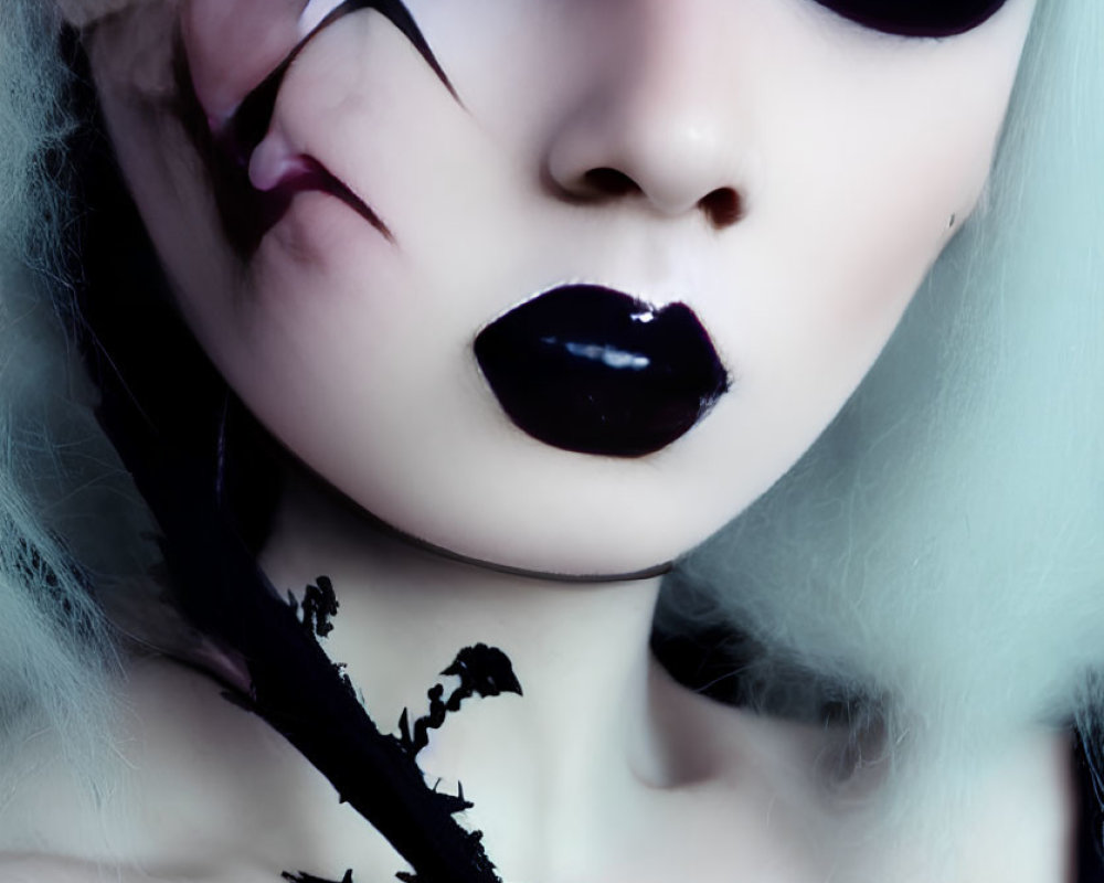 Intense black and white skull makeup with dramatic eyes and pale skin