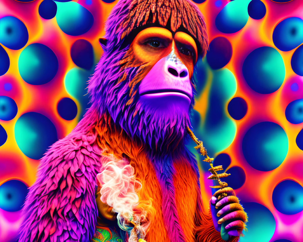 Colorful digital artwork: Orange and purple ape with smoking object on psychedelic background