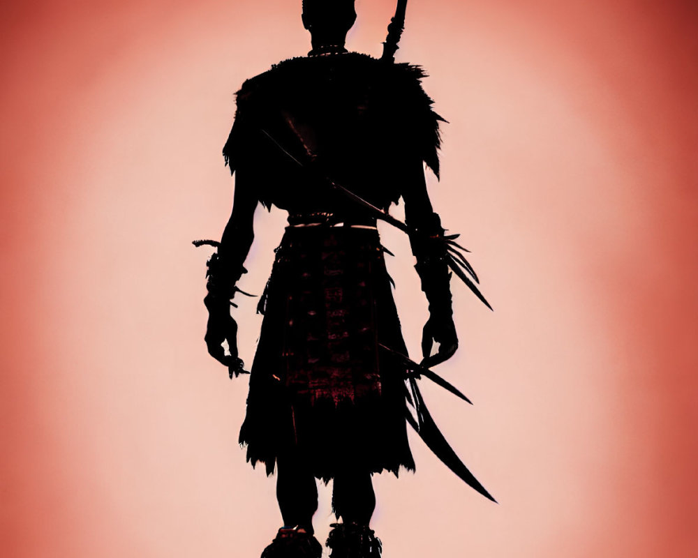 Warrior silhouette with bow and arrow on hill against red background