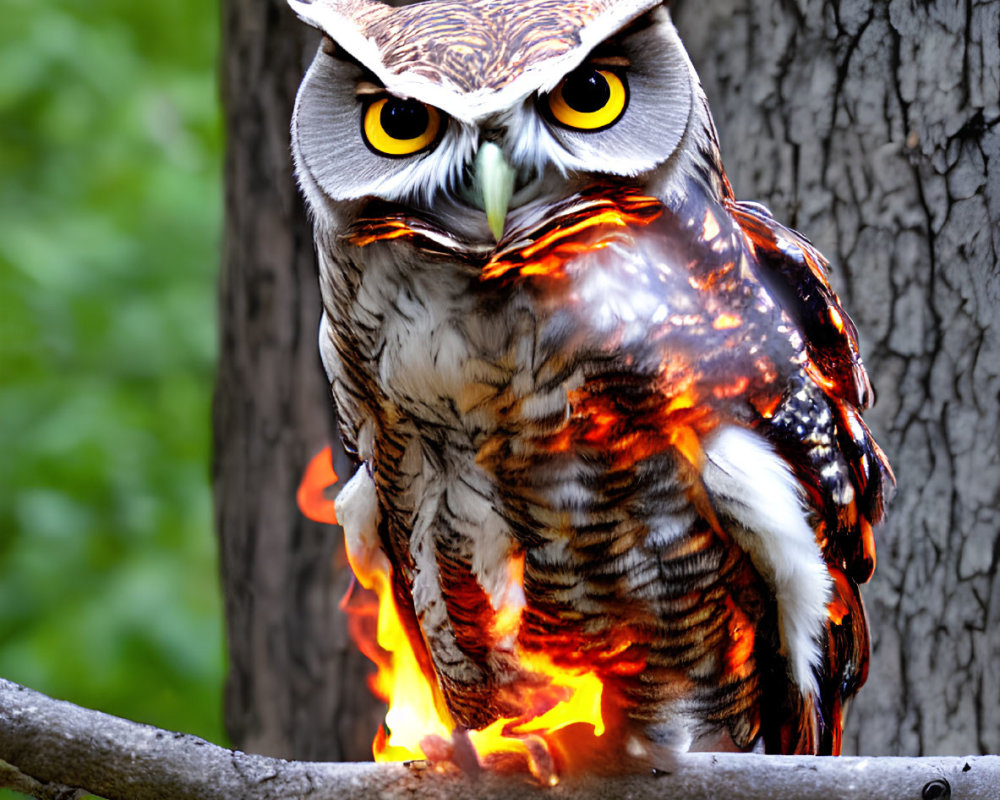 Flame-like feathers owl perched on branch in green background