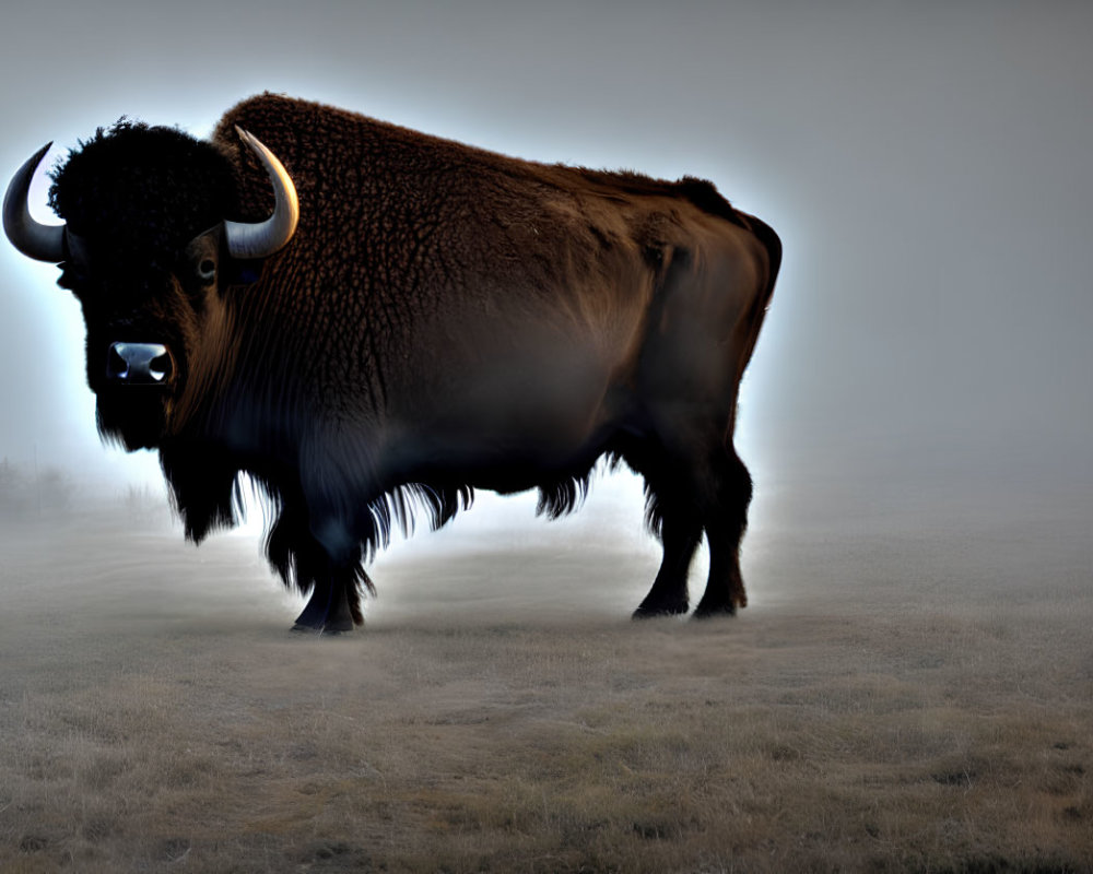 Bison silhouette in foggy field evokes mystical aura