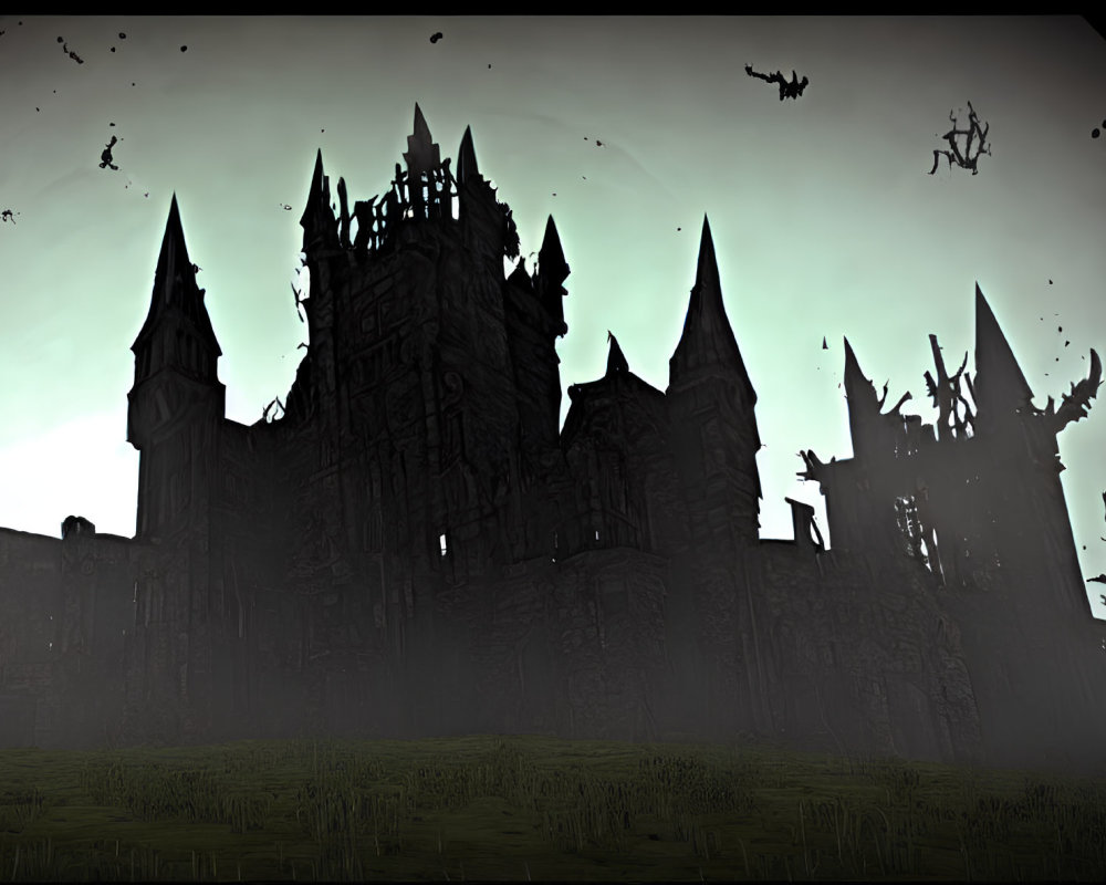 Gothic castle silhouette under gloomy sky with flying creatures