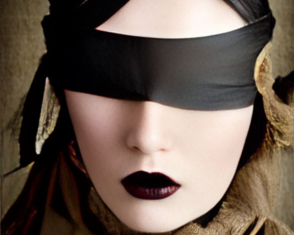 Blindfolded person with dark lipstick and ruffled collar on muted background