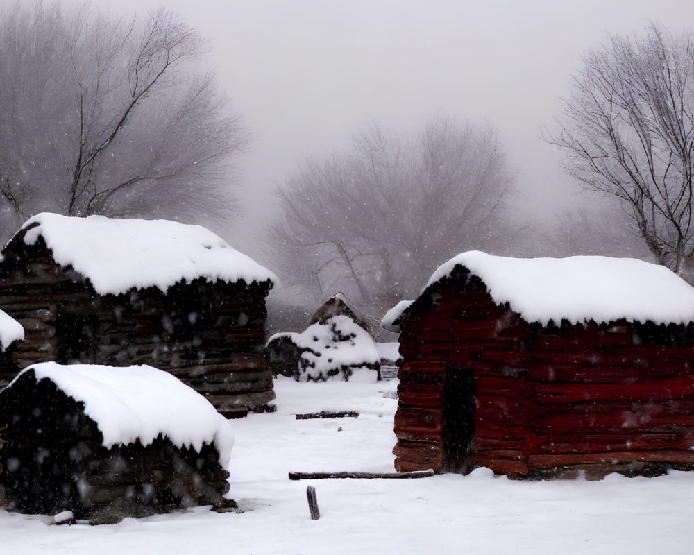 Winter scene: Snow-covered log cabins and leafless trees in fog.