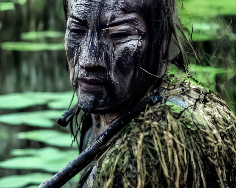 Person with tribal face paint and camouflage in swampy greenery