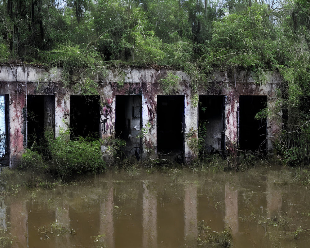 Overgrown abandoned building with open doorways reflected in waterlogged foreground