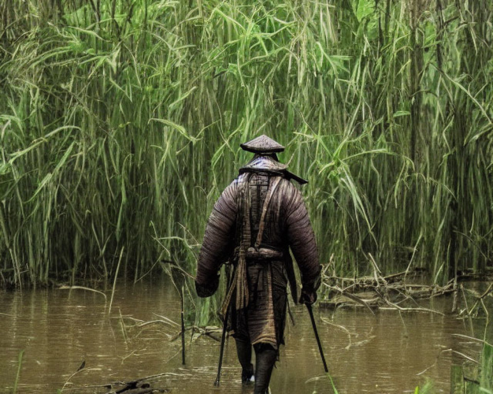 Person in traditional attire wading through muddy waterway with sticks.