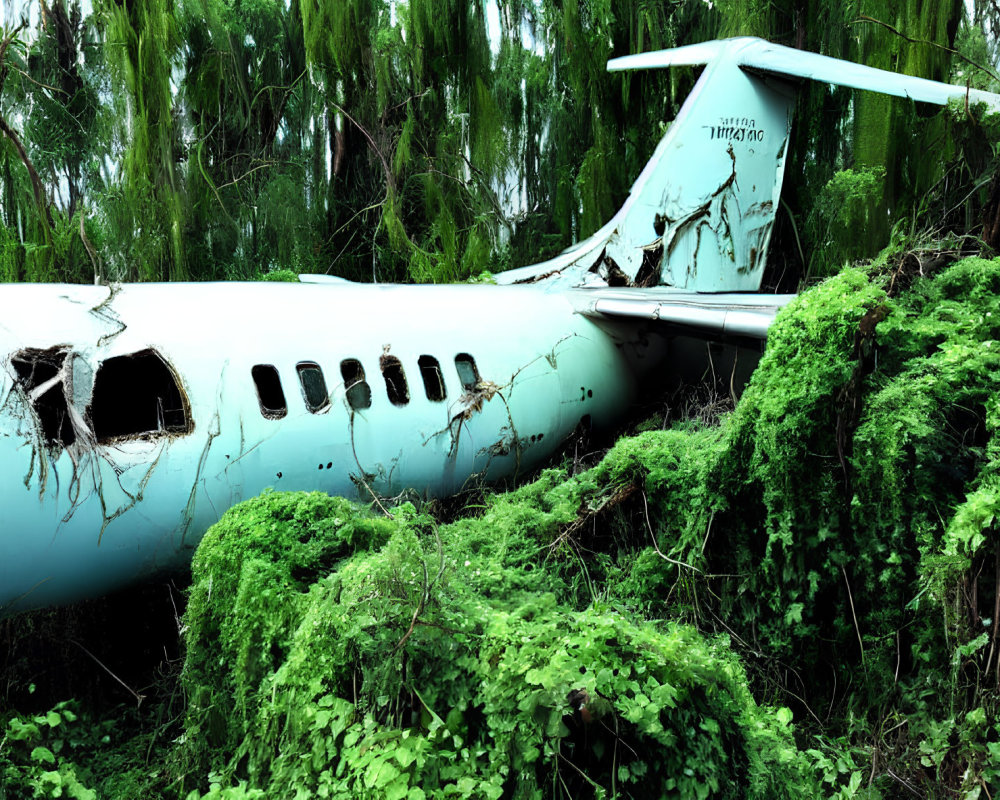 Decaying abandoned airplane engulfed by lush green plants