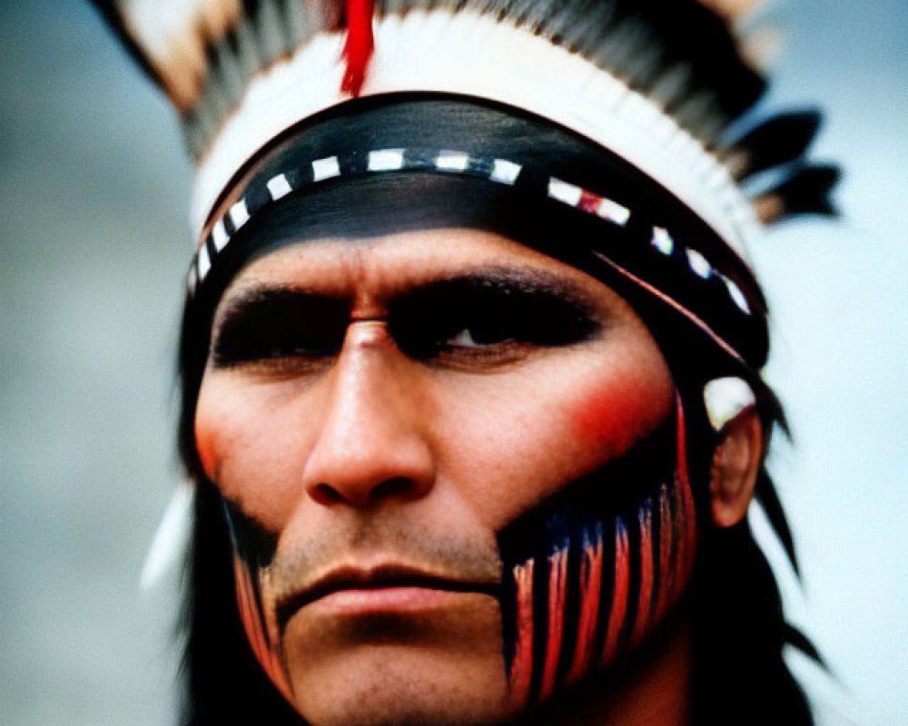 Traditional Native American man in headdress and face paint staring intensely.