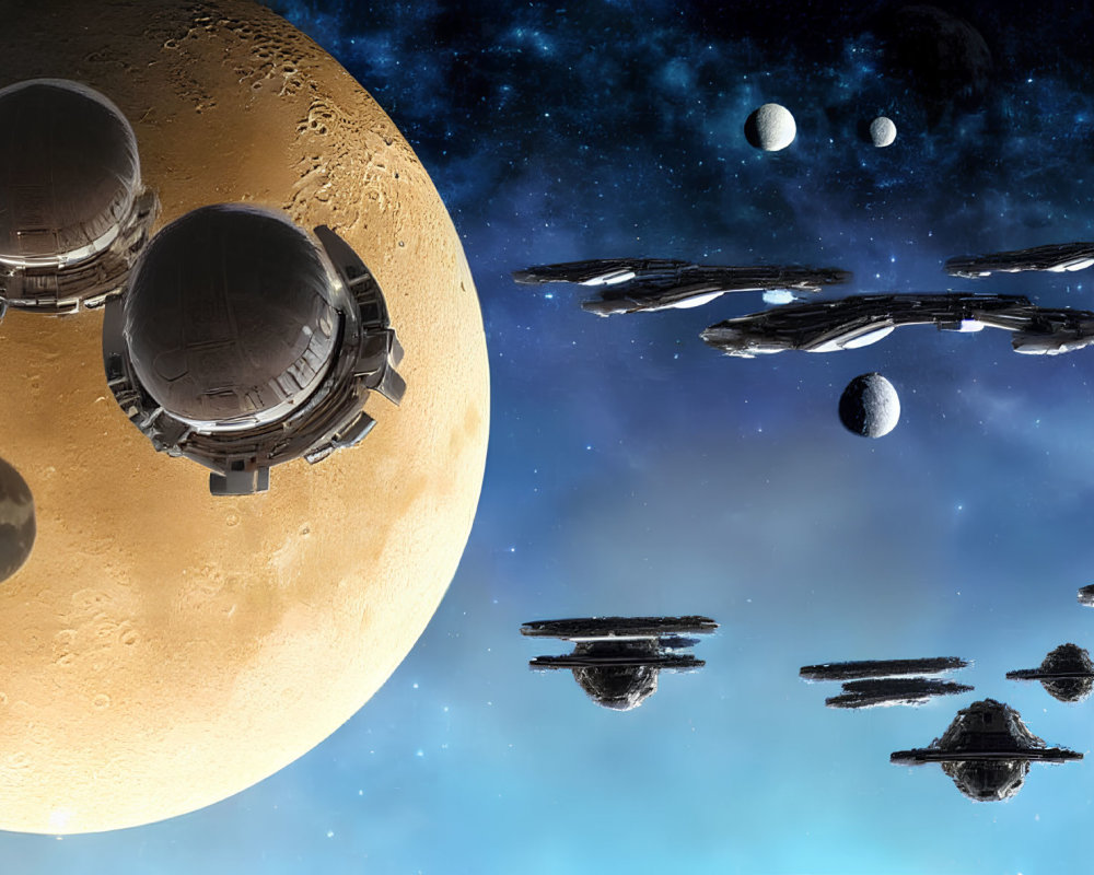 Spaceships near desert planet & moons in starry sky sci-fi scene