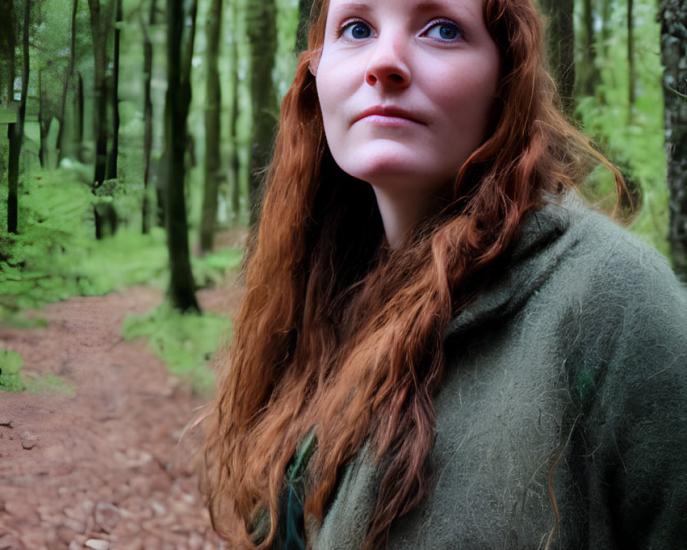 Red-haired woman in green cloak contemplates in misty forest