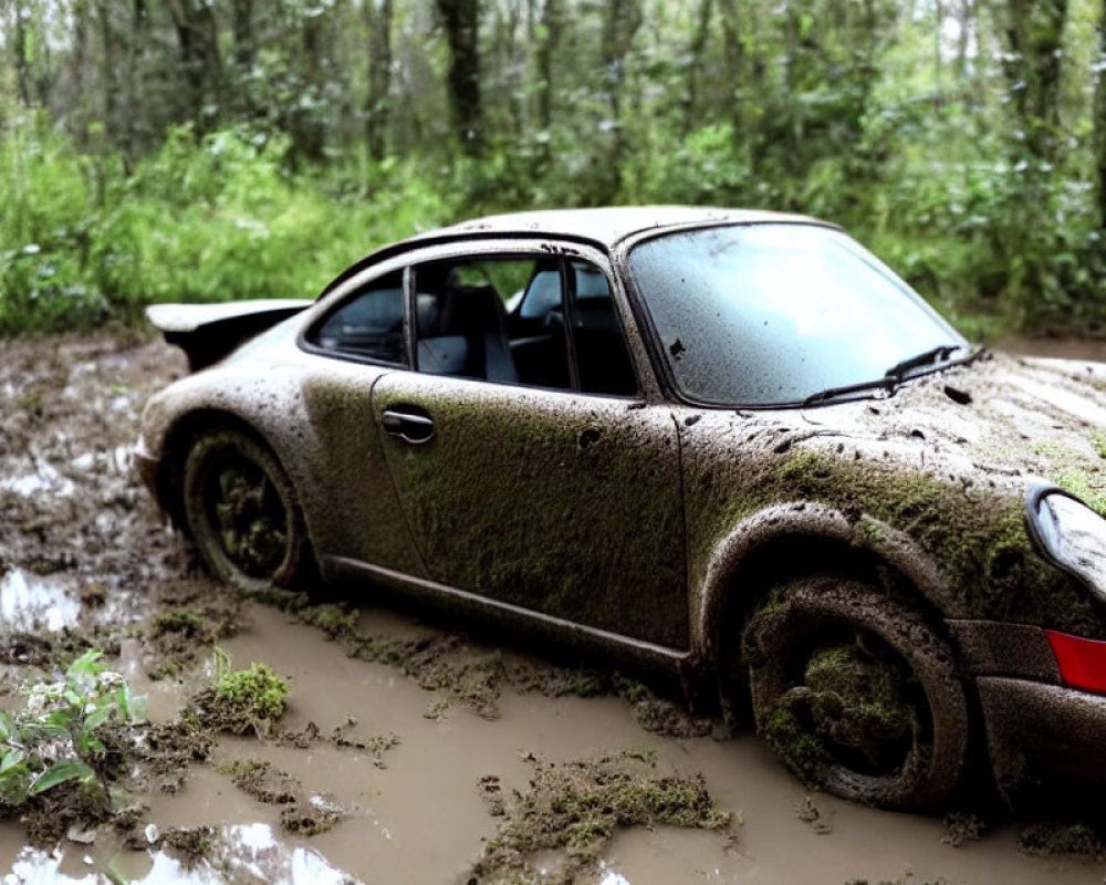 Abandoned Porsche covered in mud and moss in wet forest