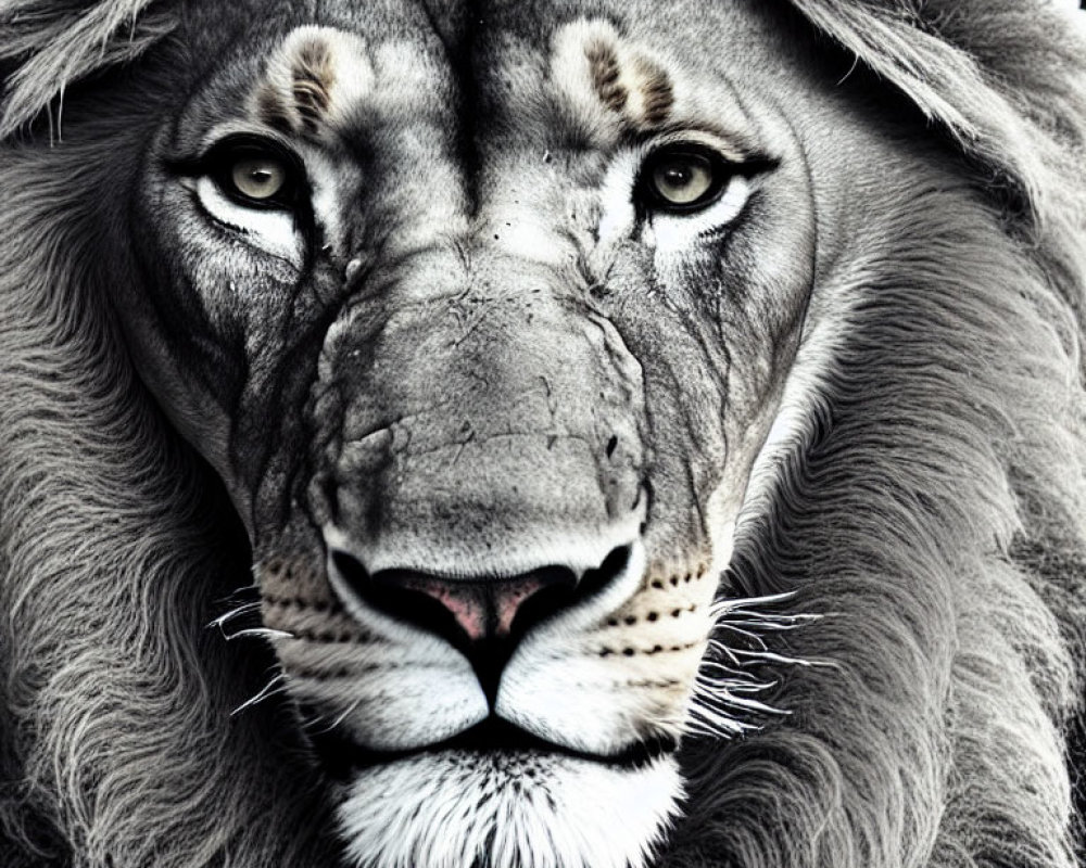 Majestic lion face with intense eyes and black mane in high contrast.